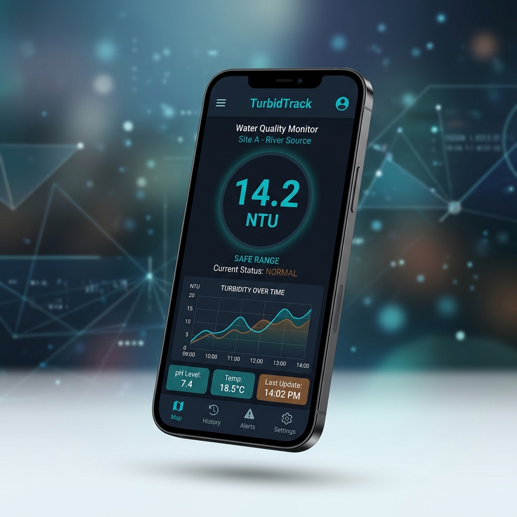 TurbidTrack App Mockup showing NTU reading